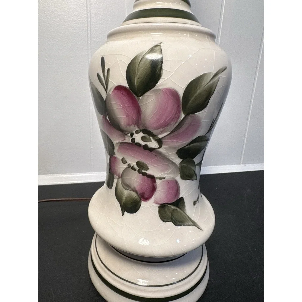 VTG Hand-Painted Crackle Ceramic Table Lamp Pink Floral Brass Hollywood Regency‎